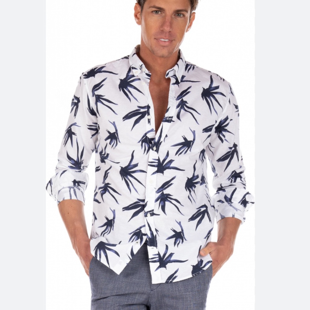 JACK AND JONES White & Blue Printed Leaf Flower Cotton Linen Blend